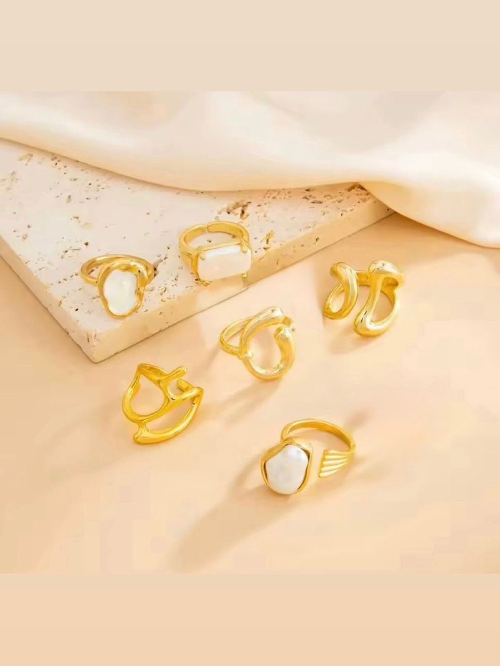Gold Rings with White Pearl and Mother-of-Pearl Accents - Picture 3 of 4